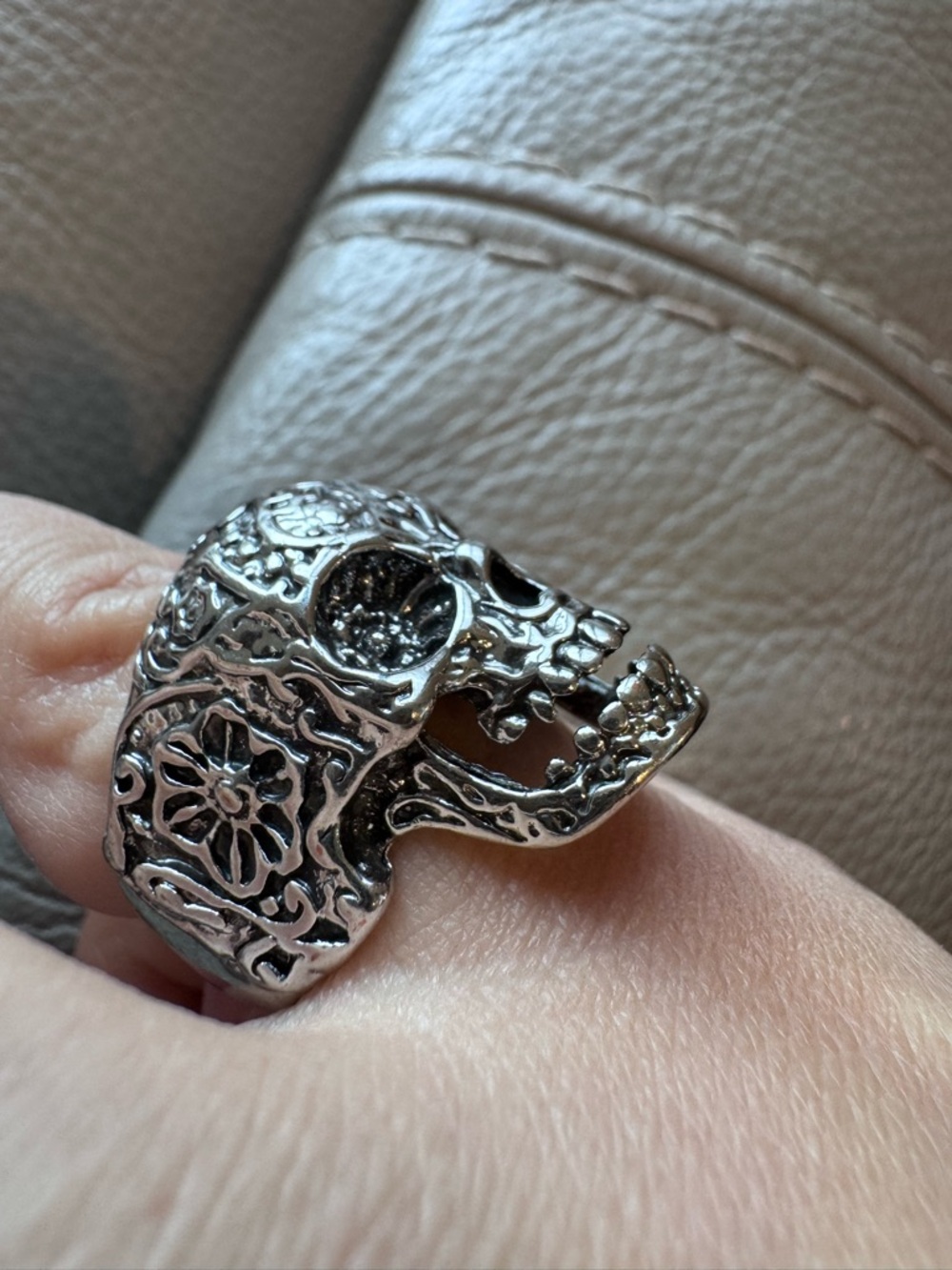 Sugar Skull Silver Plated Stainless Steel Ring with Harley Davidson Ring Box